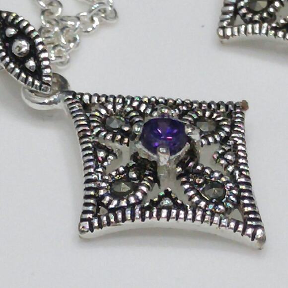 Marcasite Silver Plate Purple Rhinestone Necklace & Earrings, Made in Thailand - Picture 10 of 11